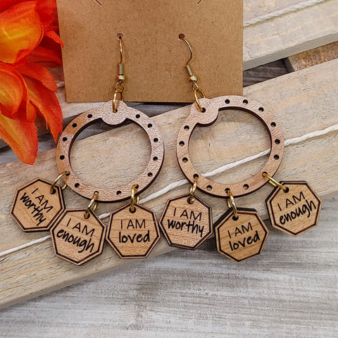 I Am Enough Wood Charm Earrings